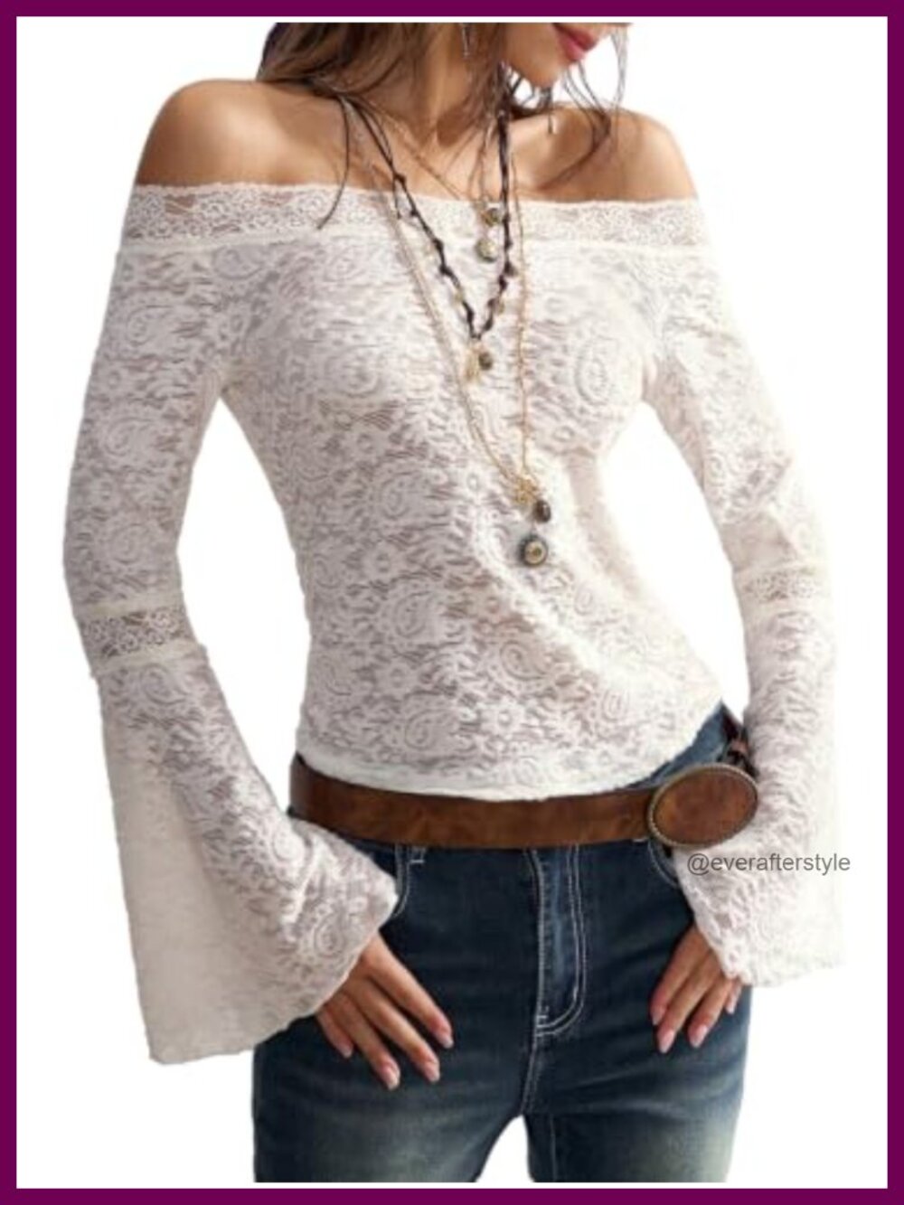 Lace Off Shoulder Bell Sleeve Top Boho Western Long Sleeve Blouse